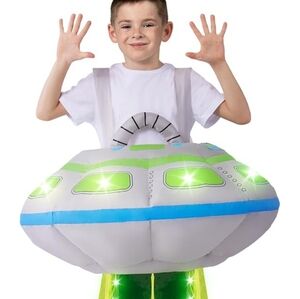 Kids Inflatable UFO Alien Costume in Silver with Green and Blue Accents